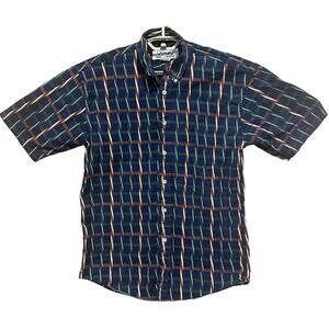 Links Men Shirt Size M Blue Brown Green Button Up Short Sleeve 100% Cotton Retro
